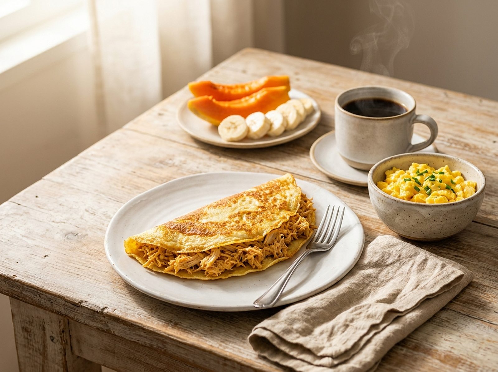 Mesa de café da manhã completa com crepioca, frutas e café